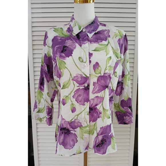 Sag Harbor Tops - Sag Harbor Women's 16P 100% Cotton Floral Top Button Down Lightweight Boho Beach